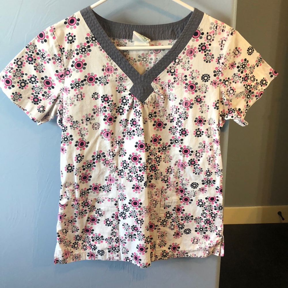 Pink, grey, and white scrub top